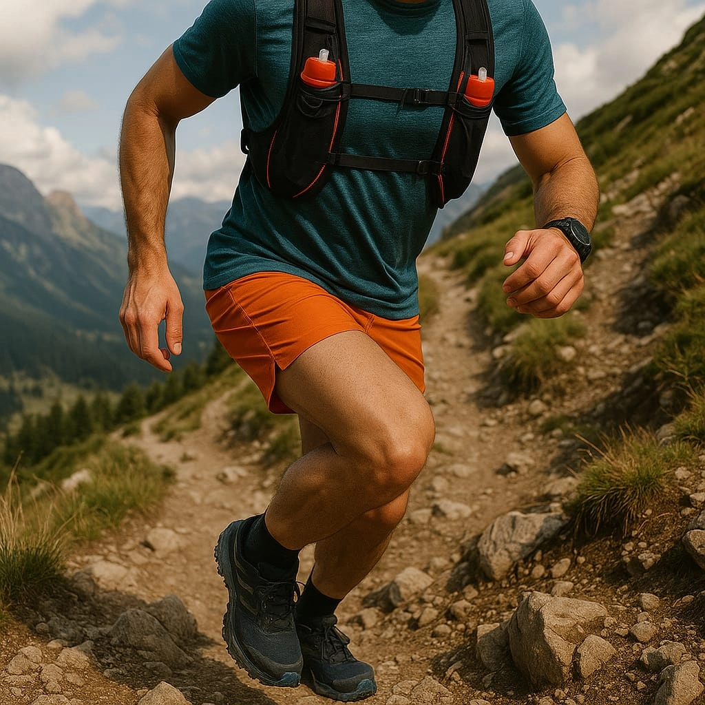 Persona corriendo por un sendero de montaña con equipamiento deportivo.