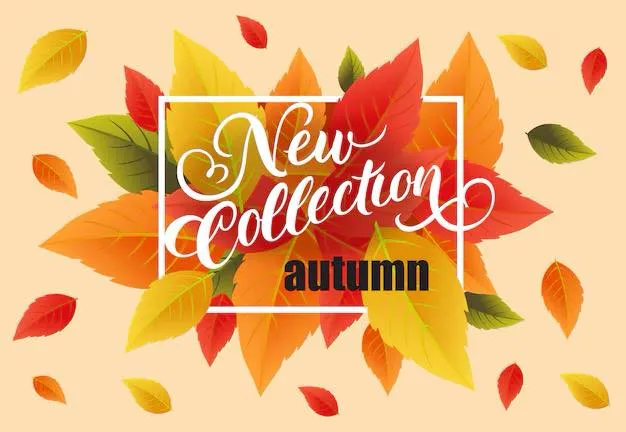 Cartel de “New Collection Autumn” con hojas otoñales de colores cálidos sobre fondo beige.