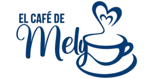 Logo azul de El Café de Mely con una taza y vapor en forma de corazones.