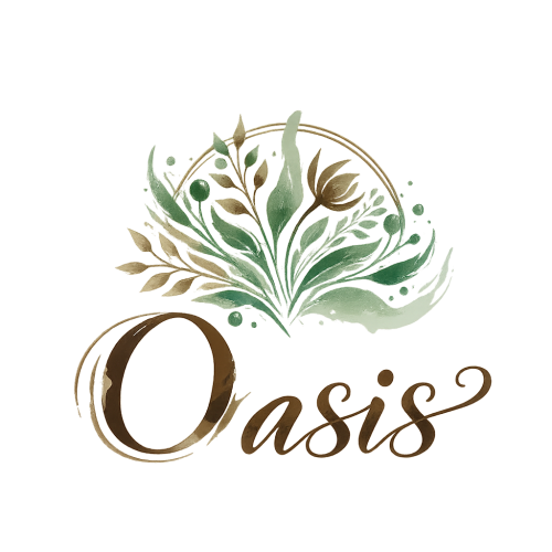 Logotipo con la palabra “Oasis” en tipografía cursiva marrón y un diseño floral en tonos verdes y dorados sobre fondo transparente.