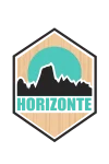Logo de Horizonte con diseño de montaña y sol sobre fondo de madera.