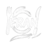 Logotipo blanco con la palabra “FRAN” acompañada de un diseño artístico de pinceladas que forman un círculo, un tenedor a la izquierda y una exclamación a la derecha.