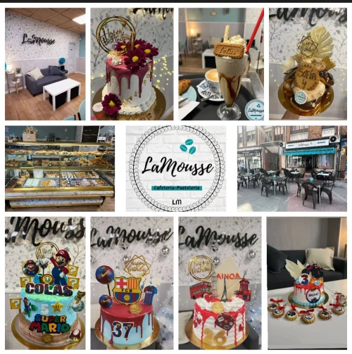 Collage de fotografías de la cafetería-pastelería La Mousse, mostrando tartas personalizadas, vitrina de repostería, terraza exterior, interior acogedor y el logotipo del local.